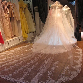Yeni Varış Beyaz Fildişi 5 metre Uzun Düğün veils Dantel Kenar Düğün aksesuarları Boda casamento Gelin Gelin peçe Mariage  10