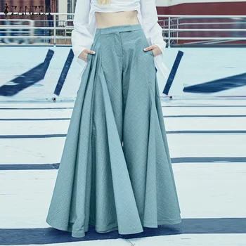 ZANZEA Sonbahar Kadınlar Casual Fermuar Düğmeler Pantolon Elbise Düz Renk Streetwear Pantolon Pilili Geniş Bacak Zarif Gevşek Uzun Pantolon  10